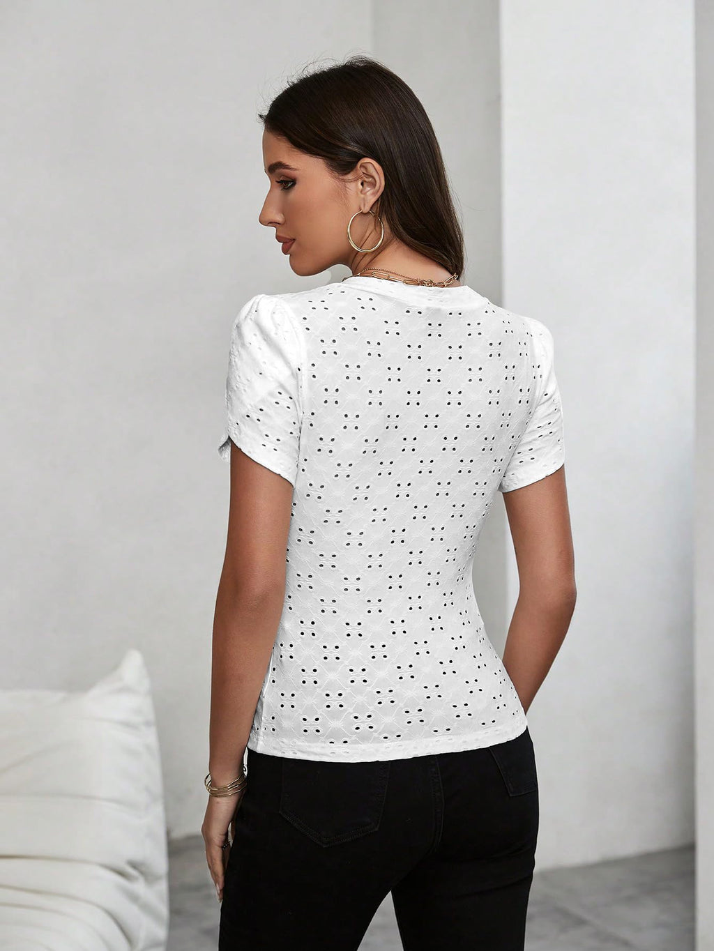 Sugathari Girls & Womens White Eyelet Embroidery Knitted V Neck Casual Slim Fit Women T-Shirt, Short Sleeve Schiffli Crop Top,