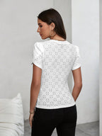 Sugathari Girls & Womens White Eyelet Embroidery Knitted V Neck Casual Slim Fit Women T-Shirt, Short Sleeve Schiffli Crop Top,