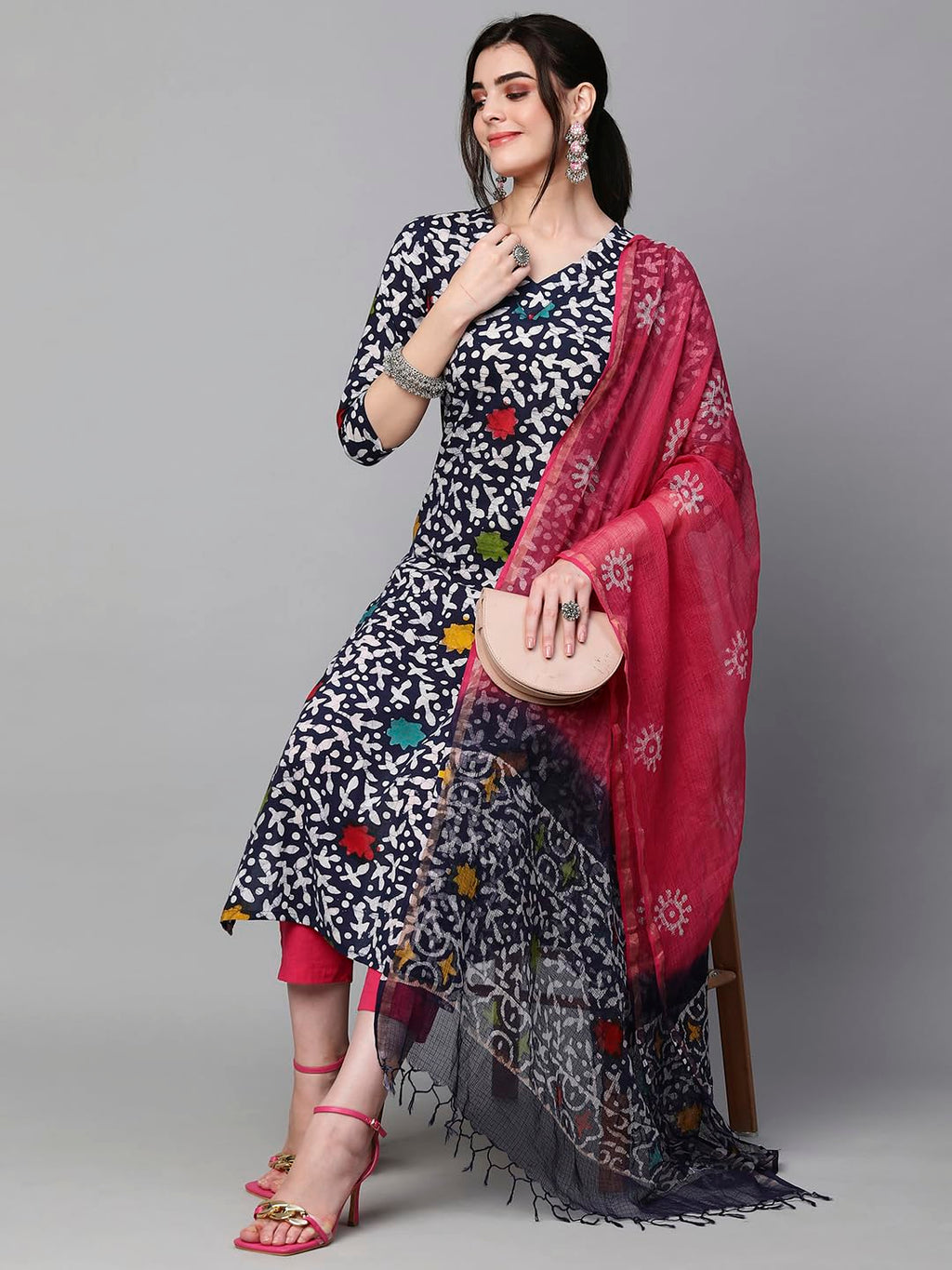 ANNI DESIGNER Womens Cotton Blend Printed Straight Kurta with Pant & Dupatta (Khara Blue_M_Blue_Medium)