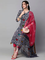 ANNI DESIGNER Womens Cotton Blend Printed Straight Kurta with Pant & Dupatta (Khara Blue_M_Blue_Medium)