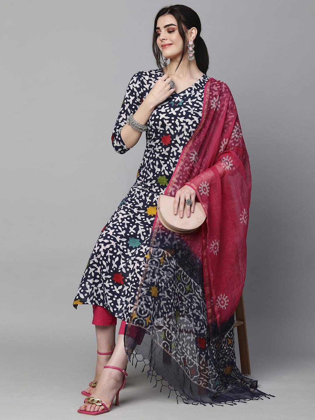 ANNI DESIGNER Womens Cotton Blend Printed Straight Kurta with Pant & Dupatta (Khara Blue_M_Blue_Medium)