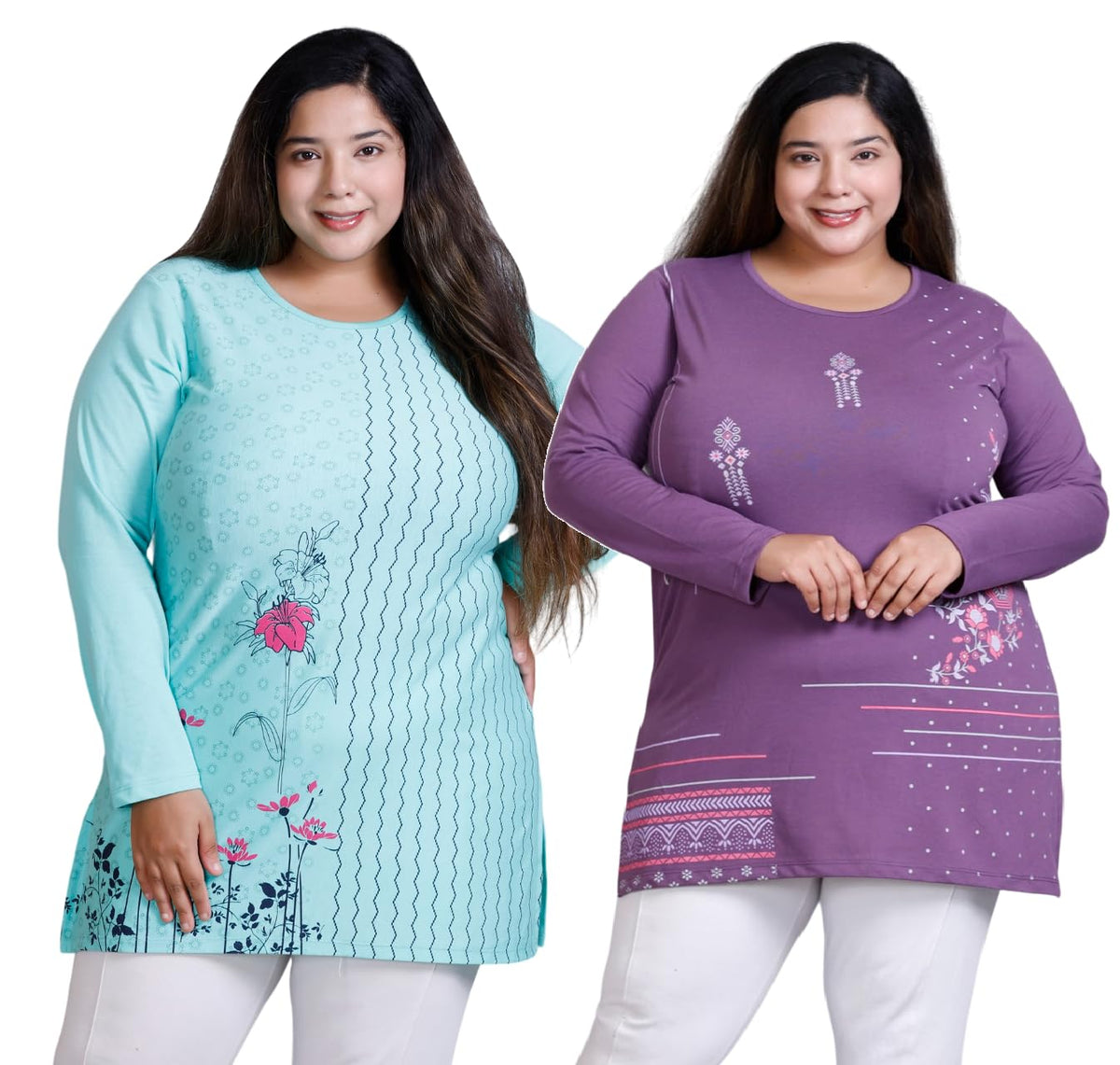 Star Touch Women Printed Full Sleeve Cotton Tshirt (Combo) with Side Slits | Aqua BlueDark Purple | Large