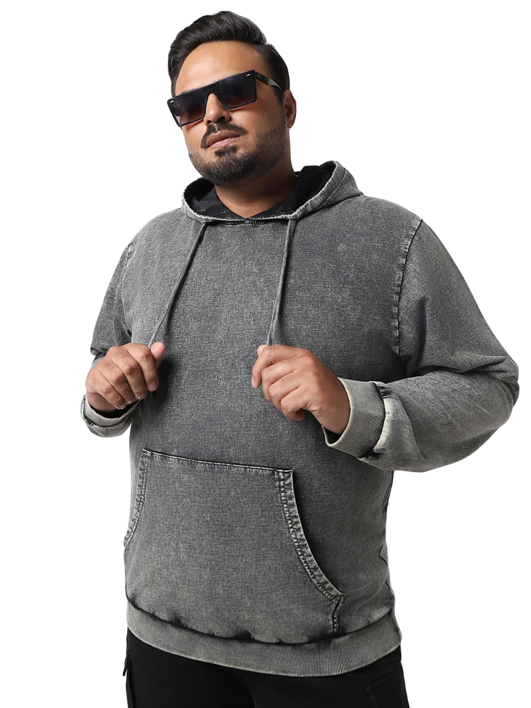 Bewakoof Mens Self Design Regular Fit Full Sleeve Terry Plus Size Acid Wash Hoodies_596574_Grey_6XL