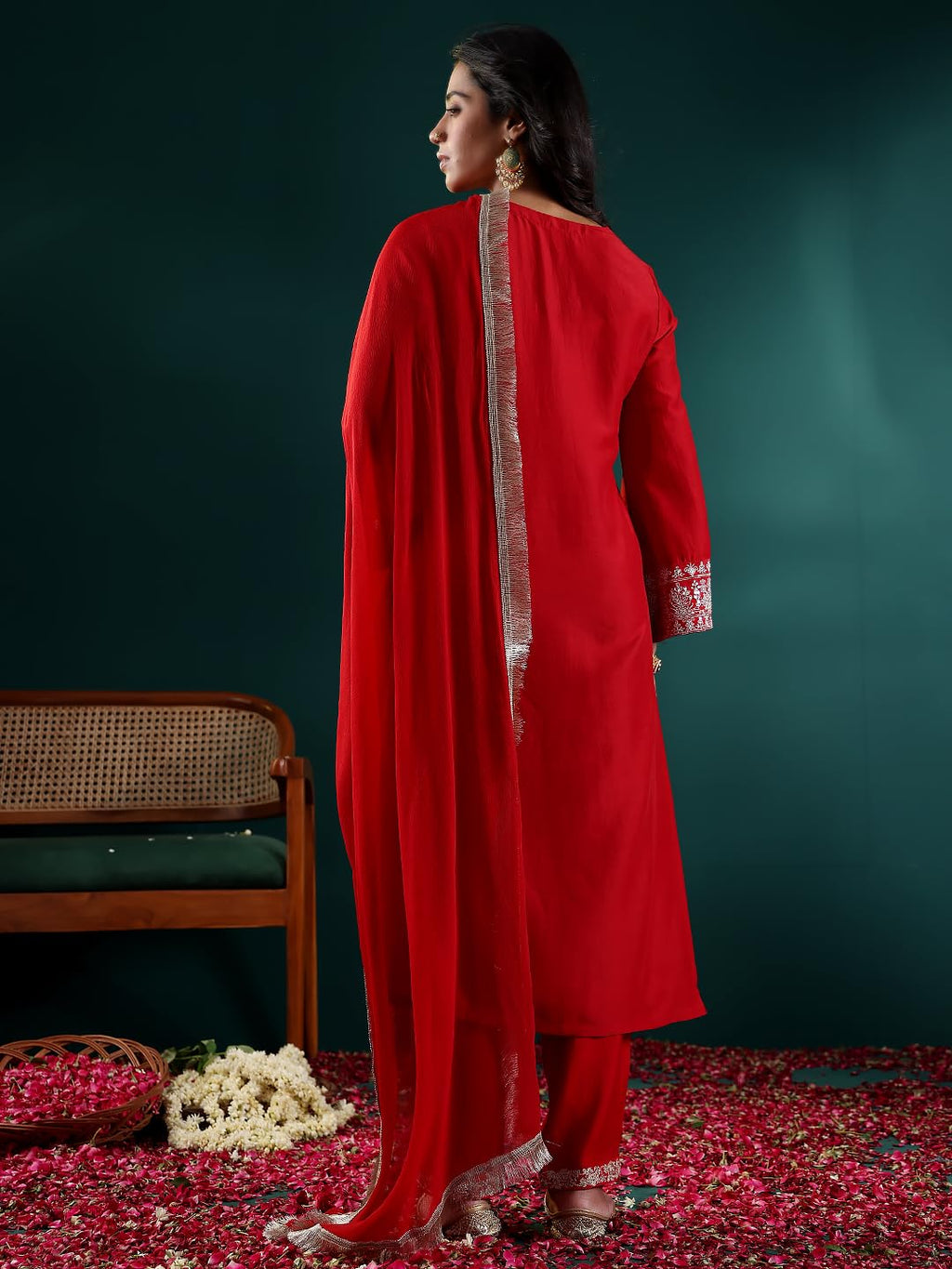 Varanga Women Red Embroidered Straight Kurta Paired With Tonal Bottom And Dupatta