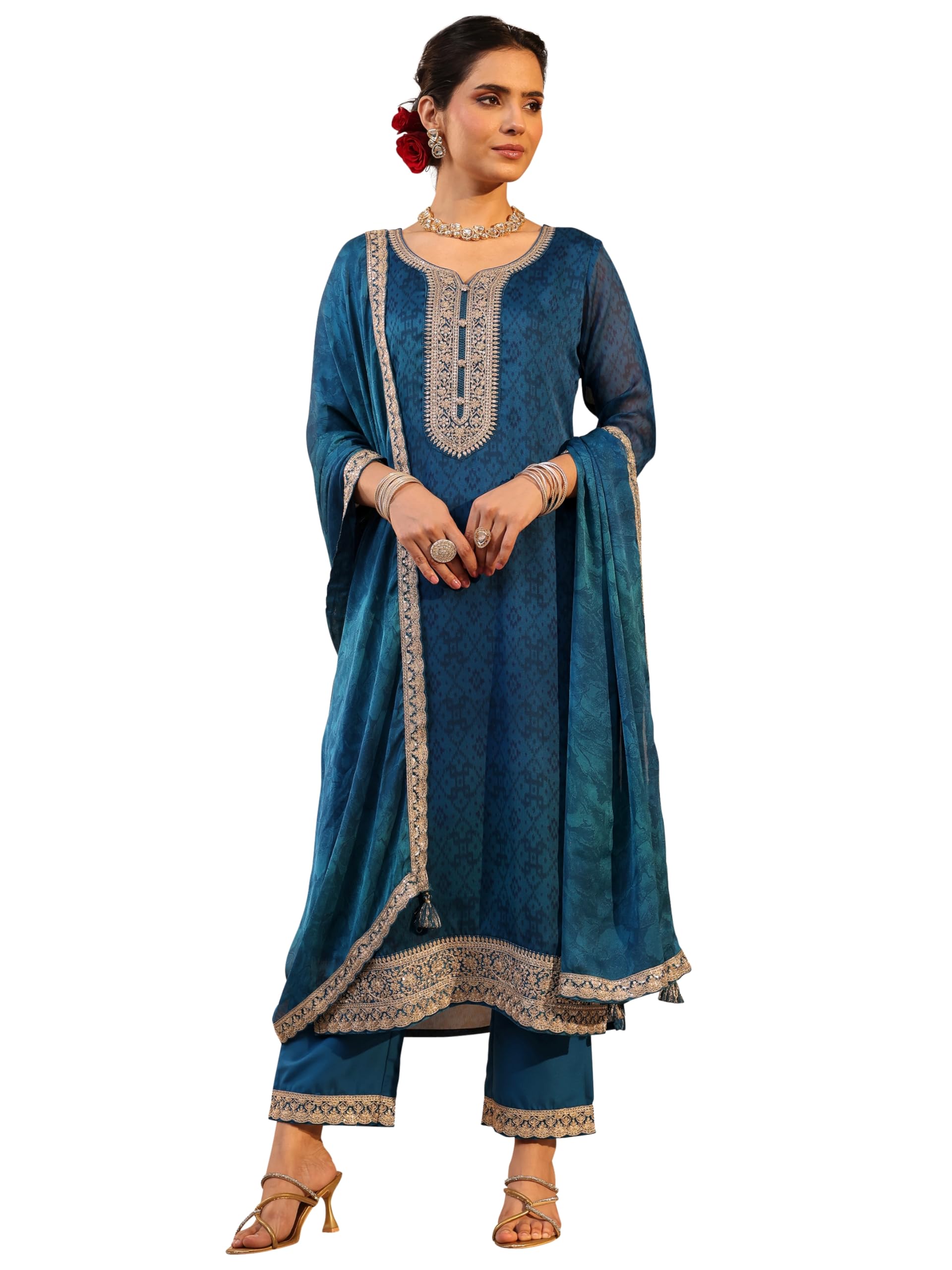 Libas Printed Chiffon Straight Kurta With Trousers And Dupatta-93073Xxl