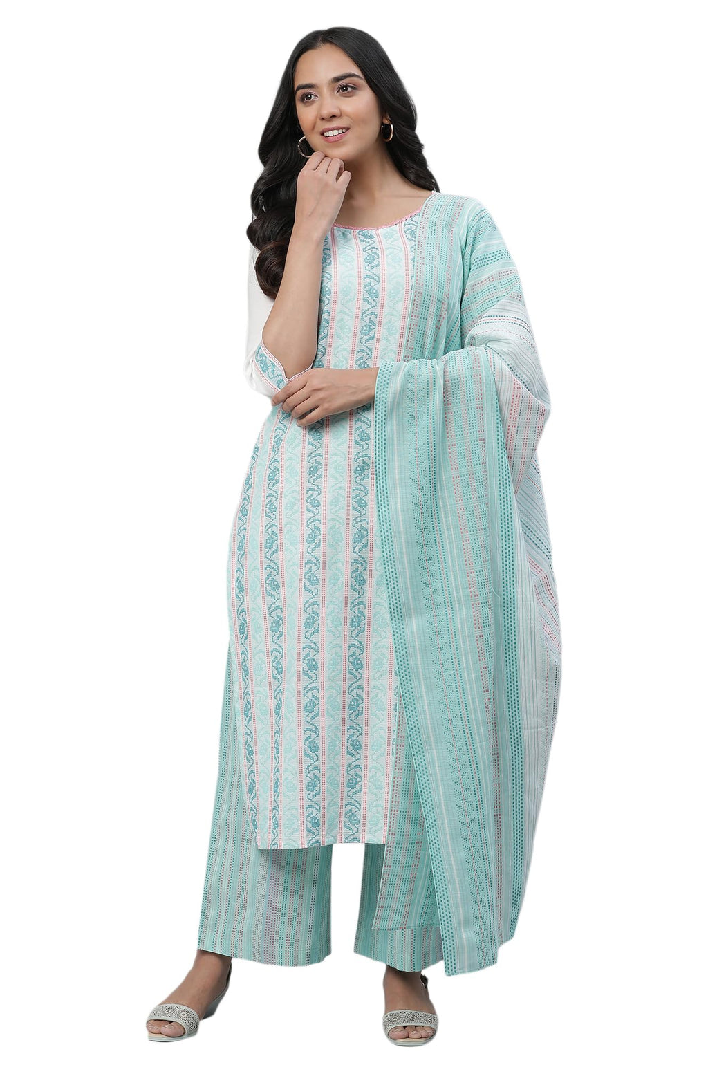 Aurelia Green Geometric Printed Cotton Kurta Dupatta Bottomwear For Women