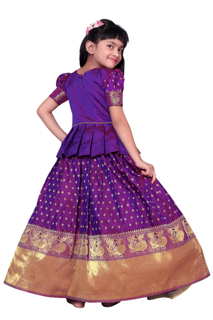 White Button New South Indian Traditional Pattu Pavadai Jecquard Lehenga Choli For Girls Dress