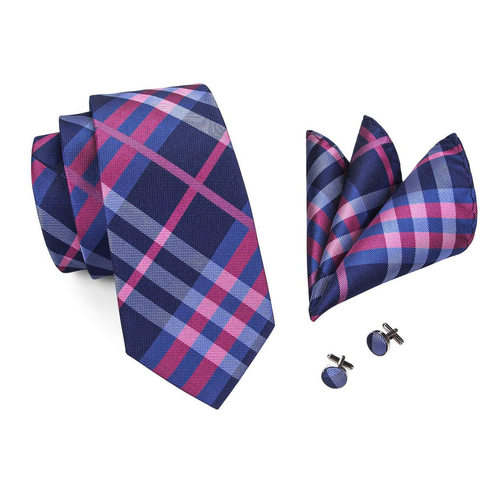 Dubulle Mens Plaid Pink and Blue Neckties Hankerchief Set Woven Silk Ties for Men Wedding