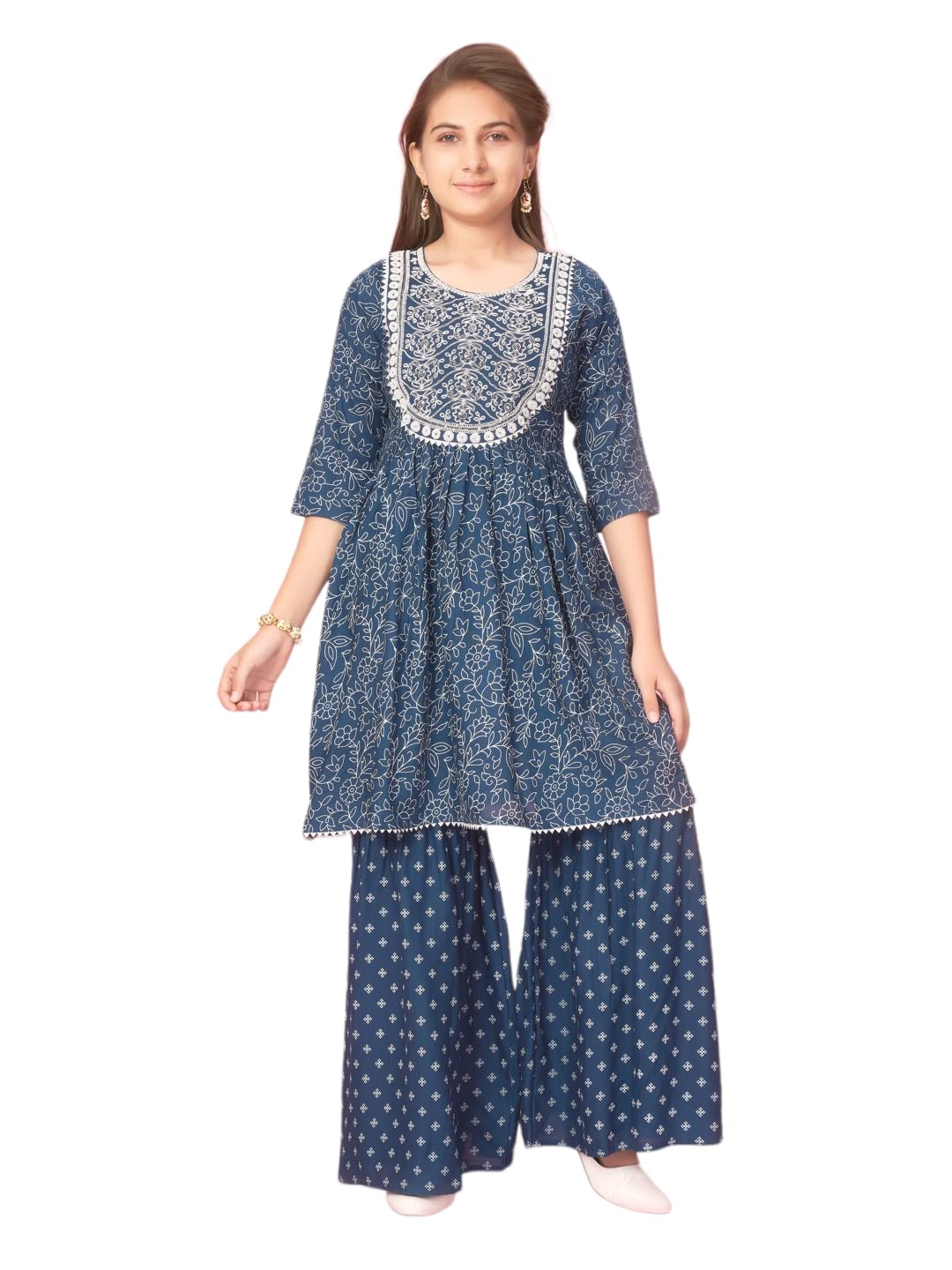 Aarika Girls Navy Blue Colour Cotton Embroidery Kurti Sharara Set (Sh-Ap-C-3-Navy-Blue-32)