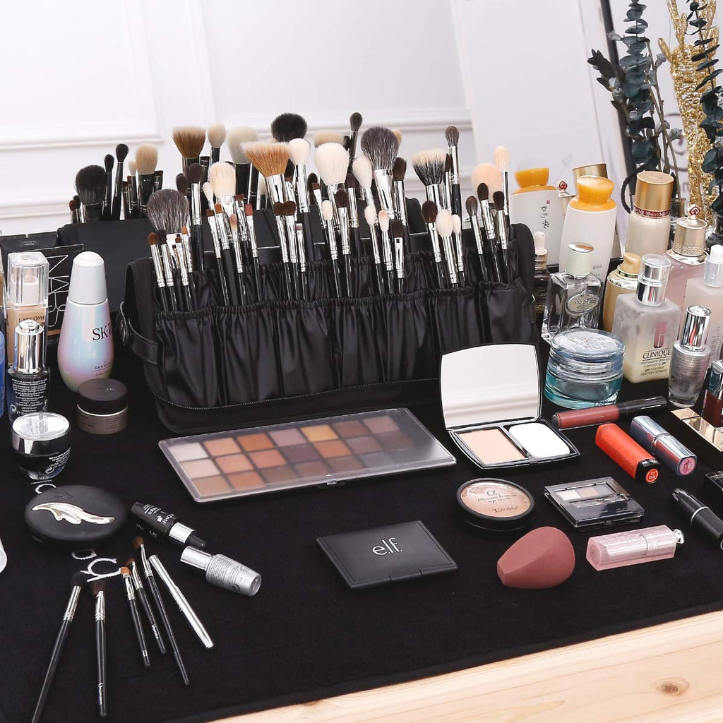 Rownyeon Professional Makeup Brushes Organizer Bag Makeup Artist Cosmetic Case Leather Handbag Black Travel Portable(Only Bag)