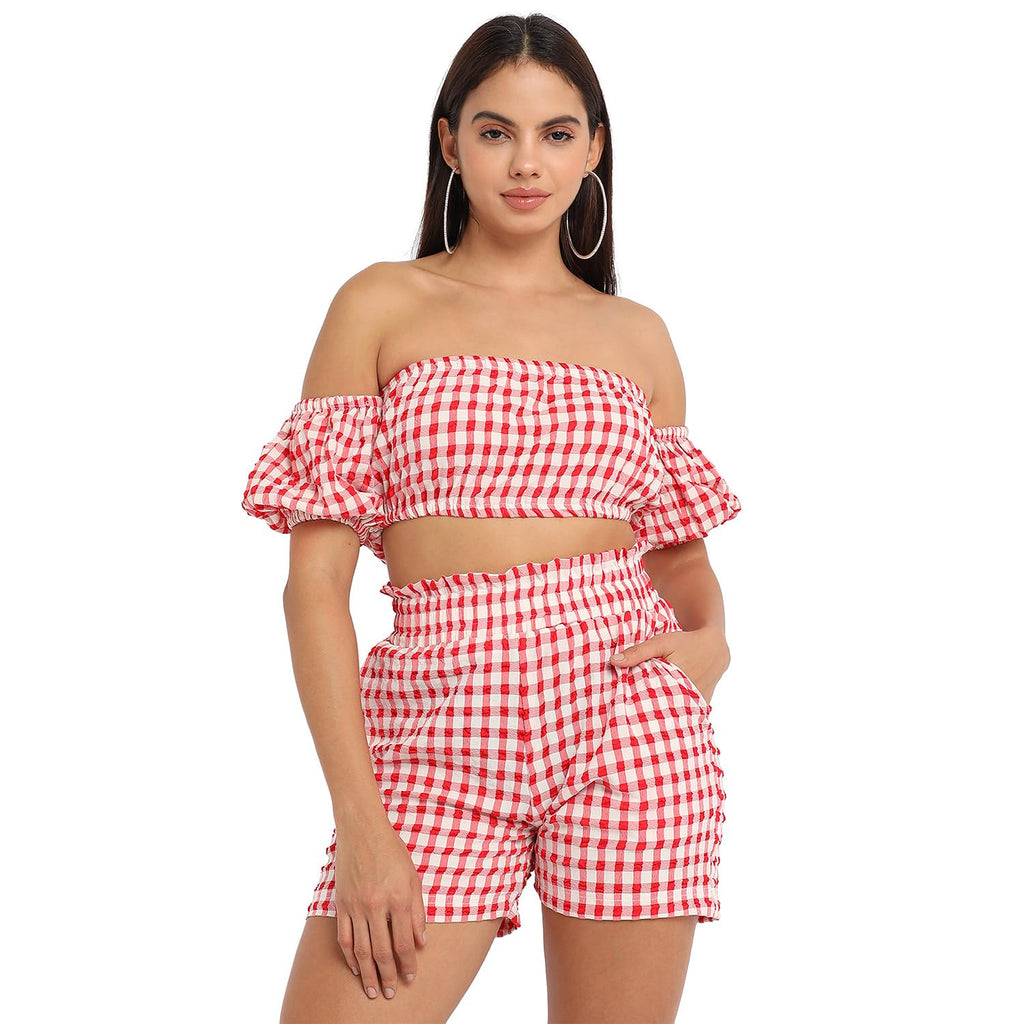 Campus Sutra Women'S Red Gingham Co-Ord Set For Casual Wear | Short Sleeve | Polyester Fabric | Off-Shoulder Clothing Set Crafte