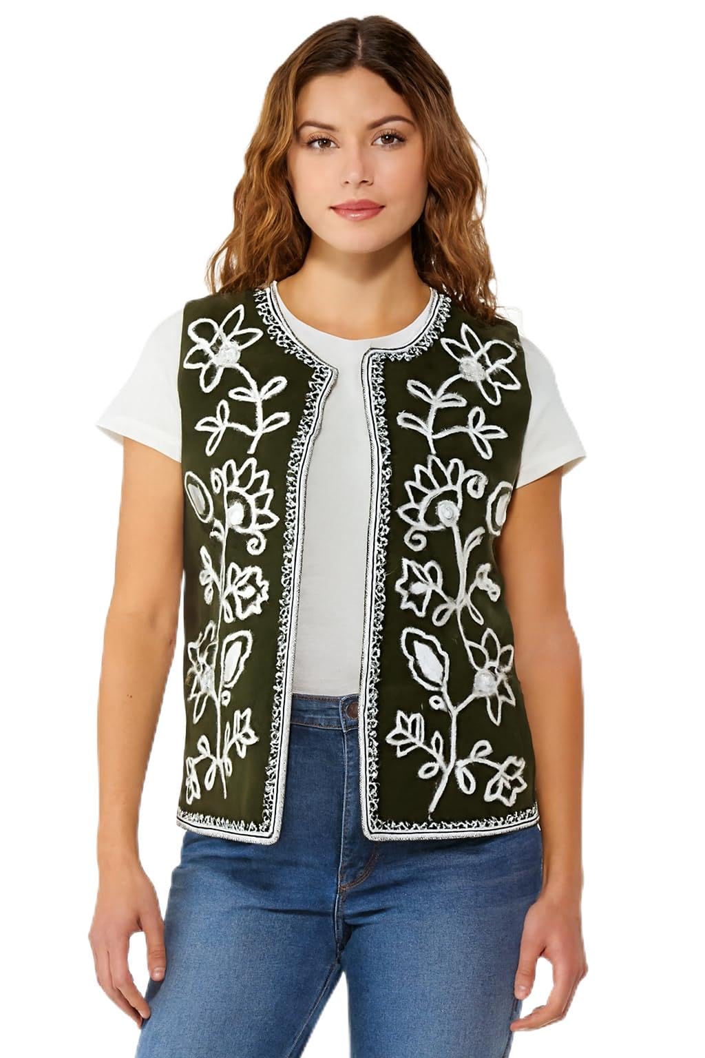 NOBARR Womens Polyester Dark Green Embroidered Sleeveless Open Front Shrug/Ethnic Jacket 2