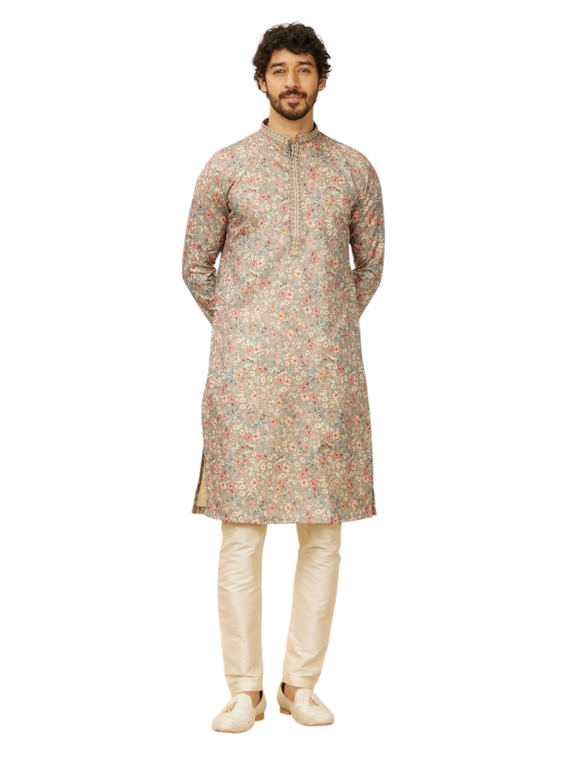 Manyavar Mens Viscose Blend Floral Print|Embroidery Kurta Set (Dark Grey,XXL)