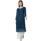 Gufrina WomenS Georgette Straight Kurta Palazzo With Notch Neck 3/4Th Sleeves Solid Pattern Chikankari Work Calf Length And Reg