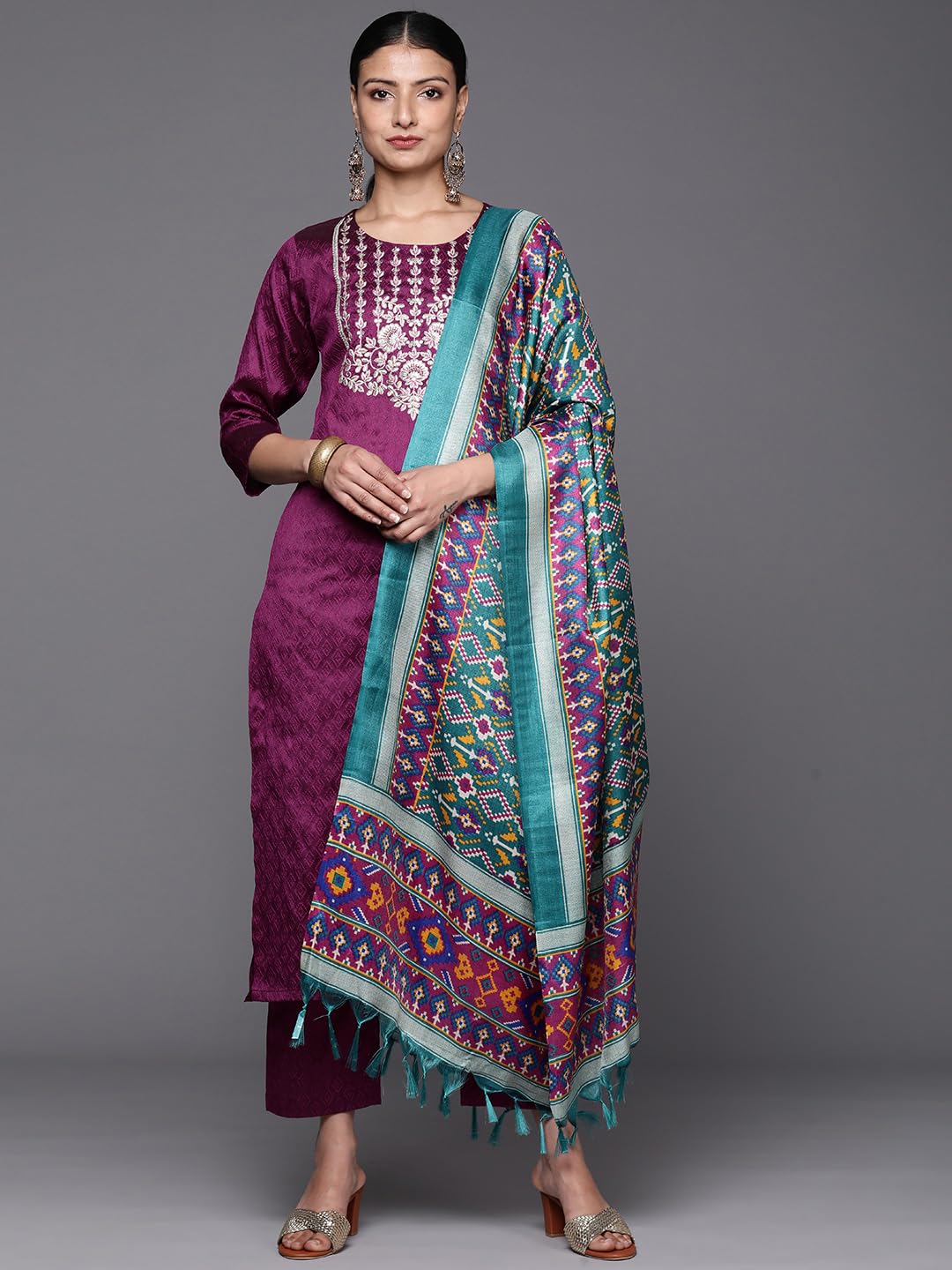 Varanga Women Purple Embellished Yoke Kurta With Bottom And Dupatta