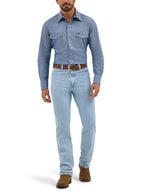 Wrangler Mens Cowboy Cut Western Two Pocket Long Sleeve Snap Work Shirt - Firm Finish - B&T,Chambray Blue,3X Tall