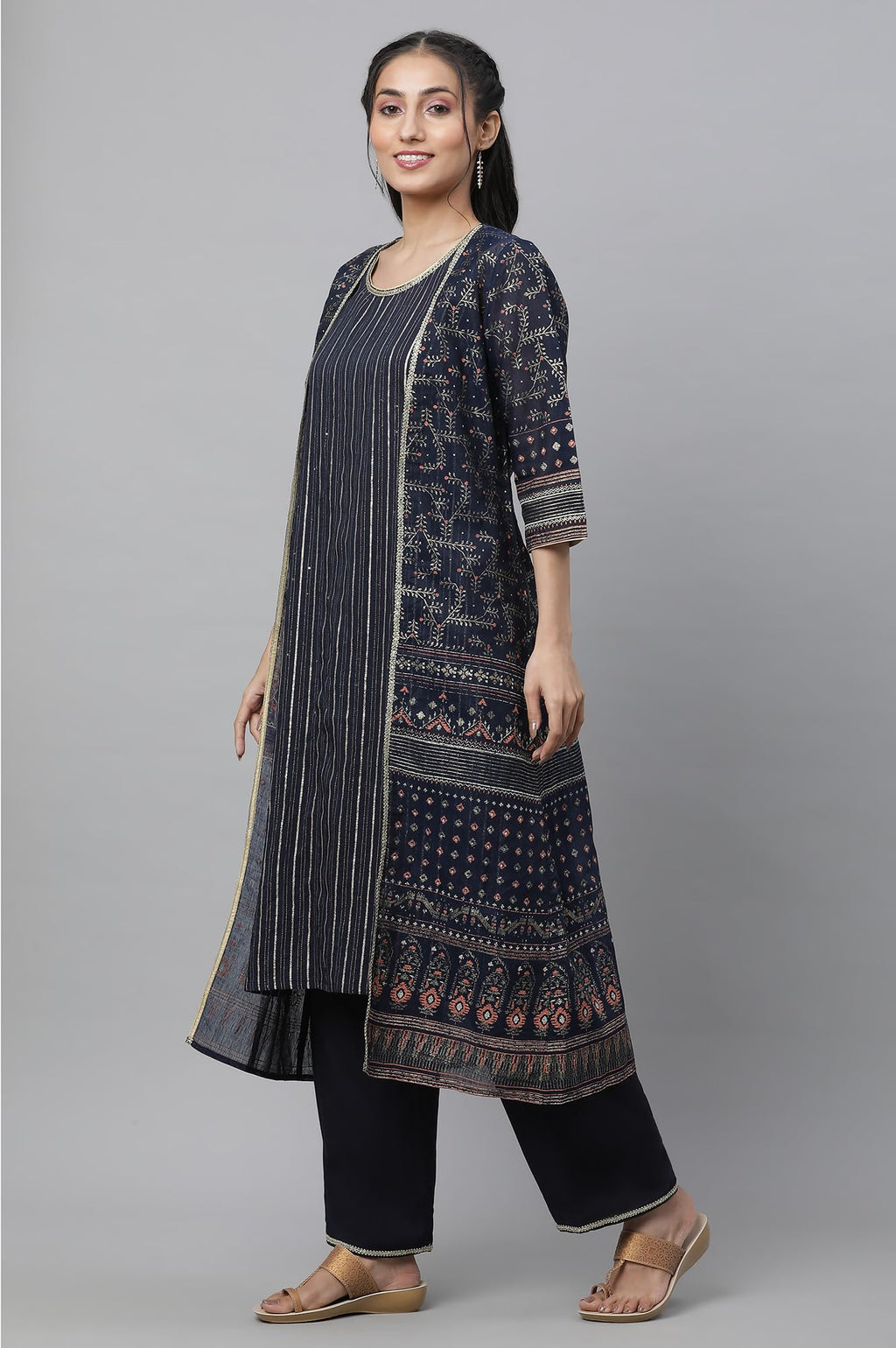 Aurelia Women Maritime Blue Polyester Straight Kurta, Trousers, Gillet Suit Set_23Aud14603-506298