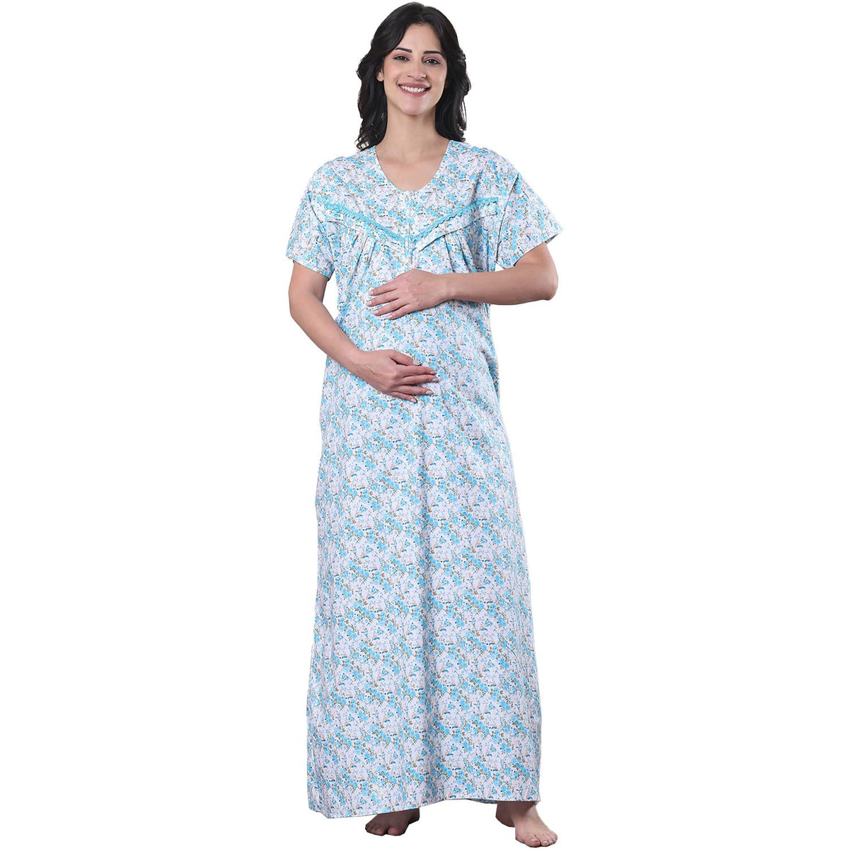 Secret Wish Blue Floral Pure Cotton Maternity Nighty/Maxi Nighty/Feeding/Nursing/Zipper/Printed