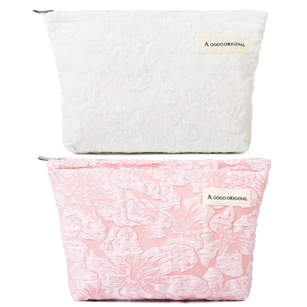 SOIDRAM 2 Pieces Flower Makeup Bag Large Floral Cosmetic Bag Capacity Canvas Travel Toiletry Bag Organizer Cute Makeup Brushes A