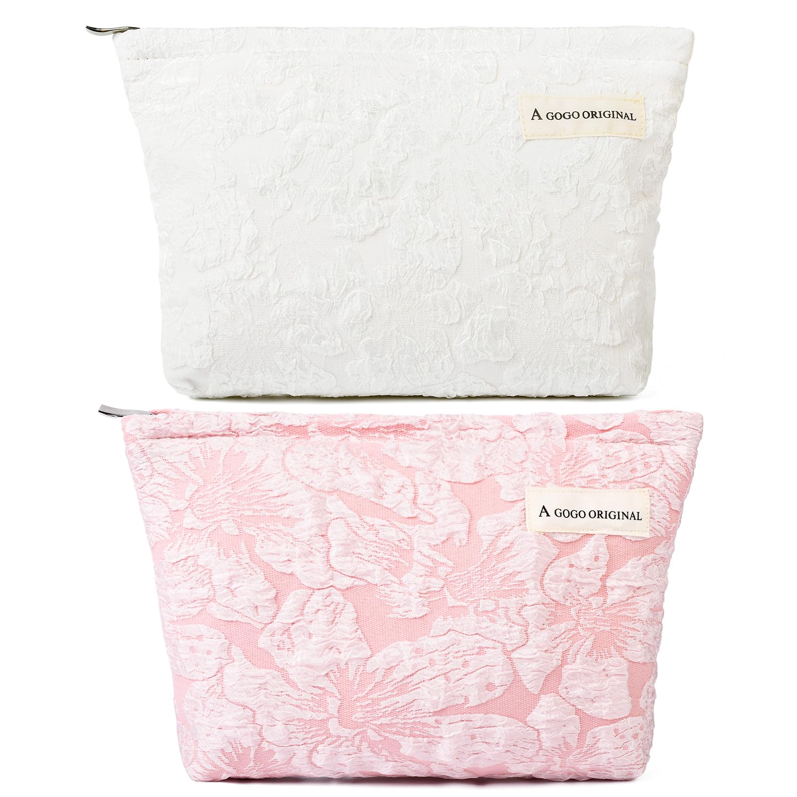 SOIDRAM 2 Pieces Flower Makeup Bag Large Floral Cosmetic Bag Capacity Canvas Travel Toiletry Bag Organizer Cute Makeup Brushes A