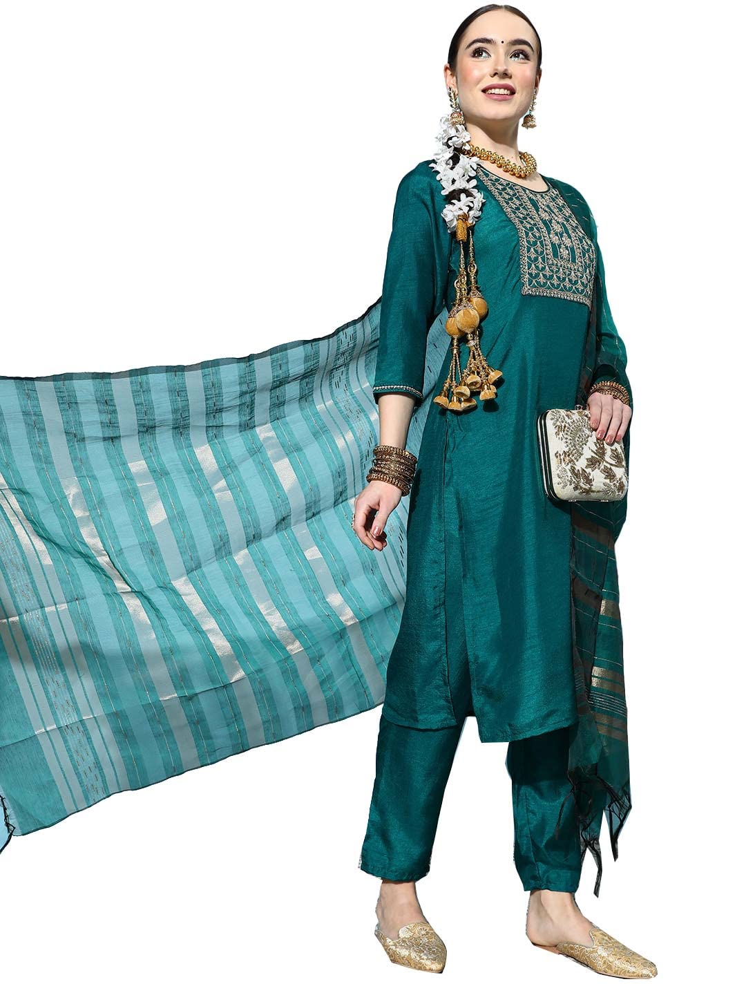 Ishin Womens Green Yoke Design A-Line Kurta Set With Toruser & Dupatta