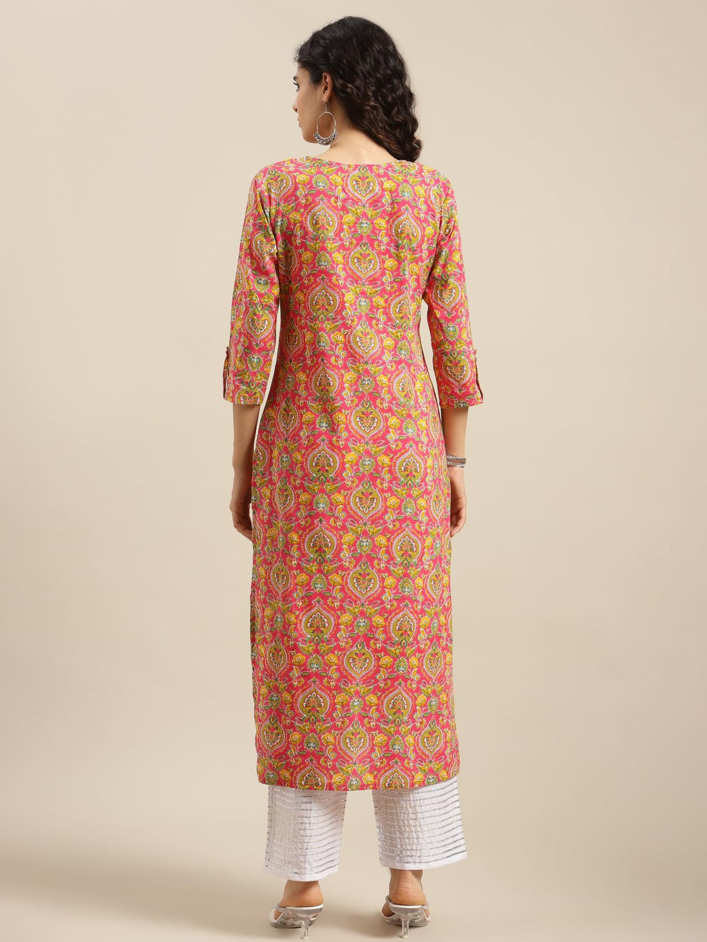 Varanga Women Pink And Yellow Floral Printed Straight Kurta With Round Neck, Three-Quarter Sleeves, Straight Hemline, And Side Slits