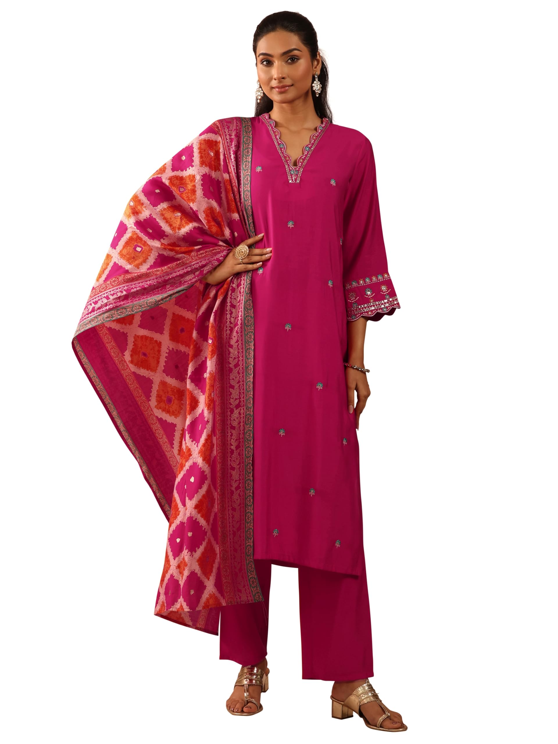 Libas Pink embellished Silk Blend Straight Kurta set for Women (401092M)