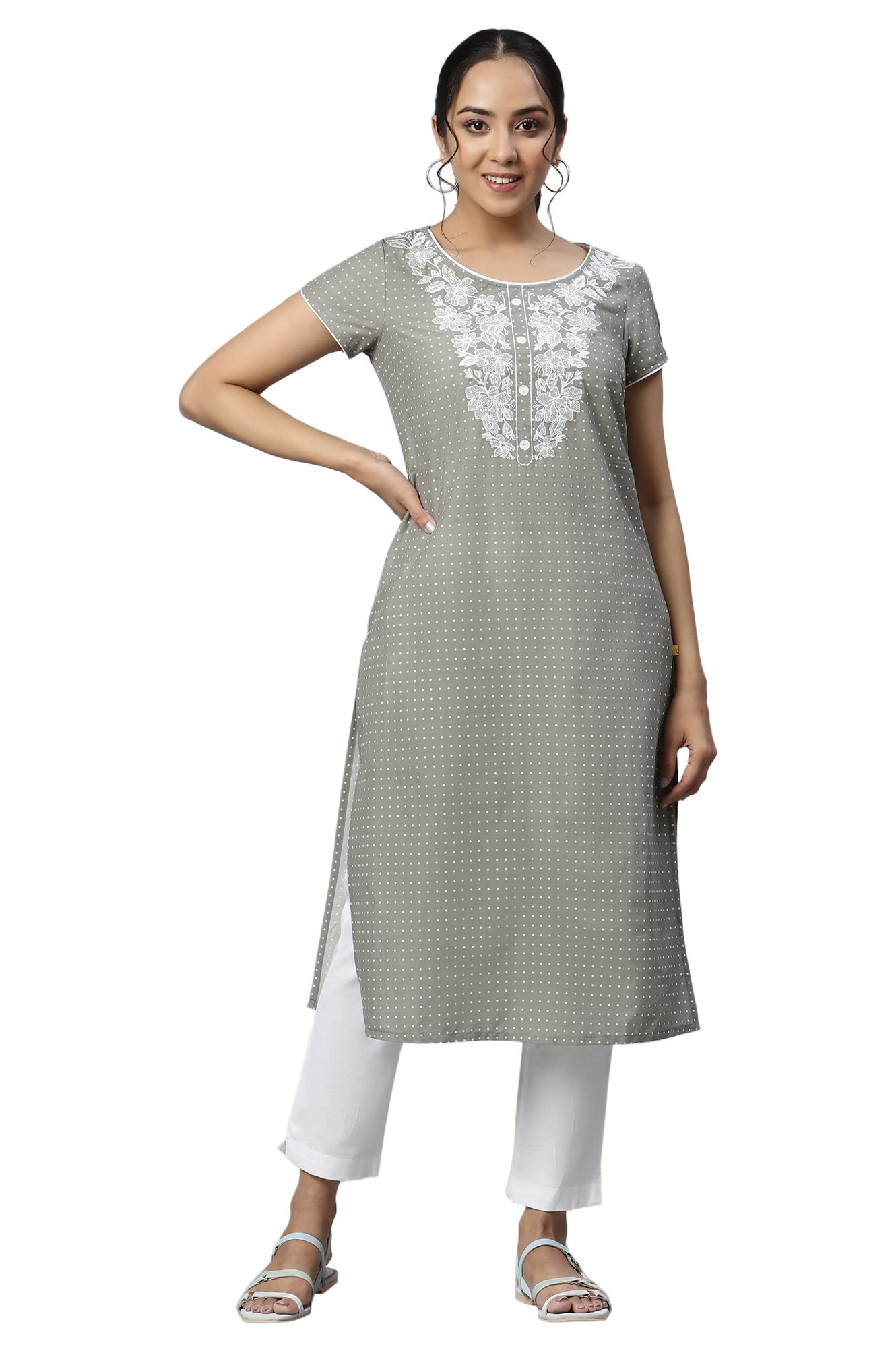 Grey Embroidered Round Neck Ethnic Kurta (Size: L)-23AUA13345SS-505794