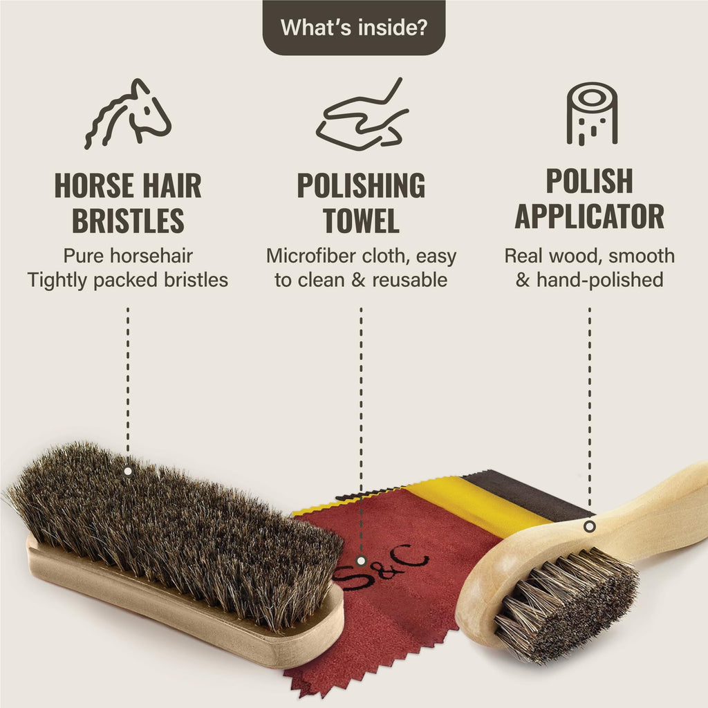 Stone & Clark 12PC Shoe Polish & Care Kit, Leather Shoe Shine Kit with Brown Wax, Shoe Brushes for Polishing, Shine Cloth & Shoe