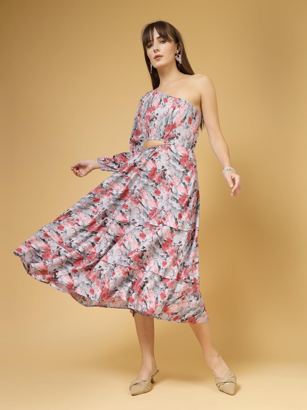 Oomph! WomenS Crepe A-Line Midi Dress (Waist Cutout One Shoulder_Rouge Pink