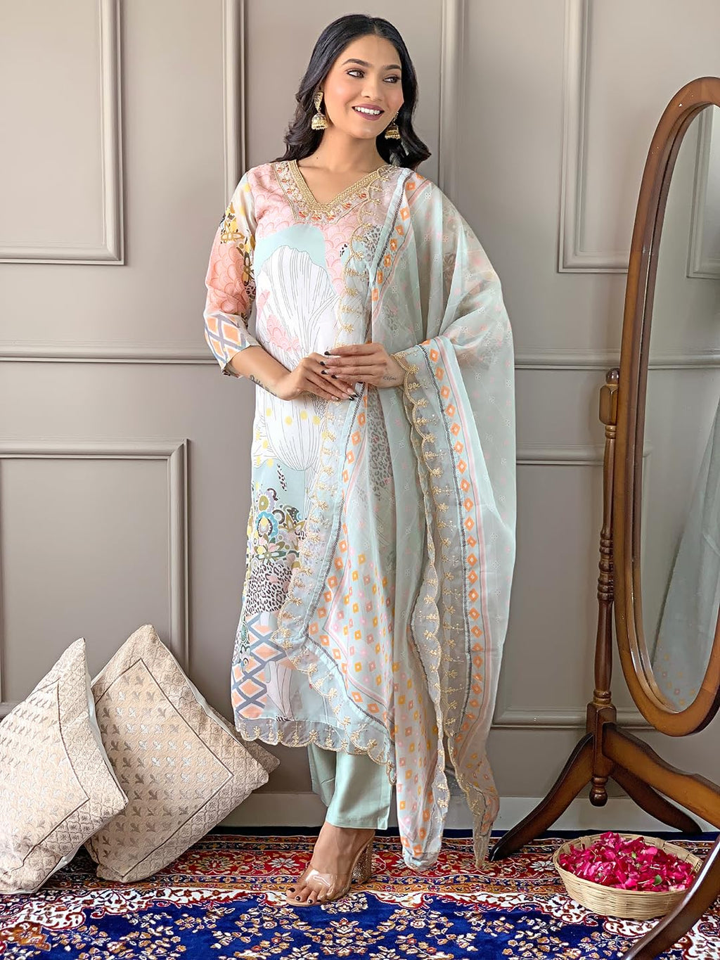 Naixa Womens Organza Embroidered Straight Kurta with Pant and Dupatta Sets