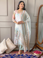 Naixa Womens Organza Embroidered Straight Kurta with Pant and Dupatta Sets