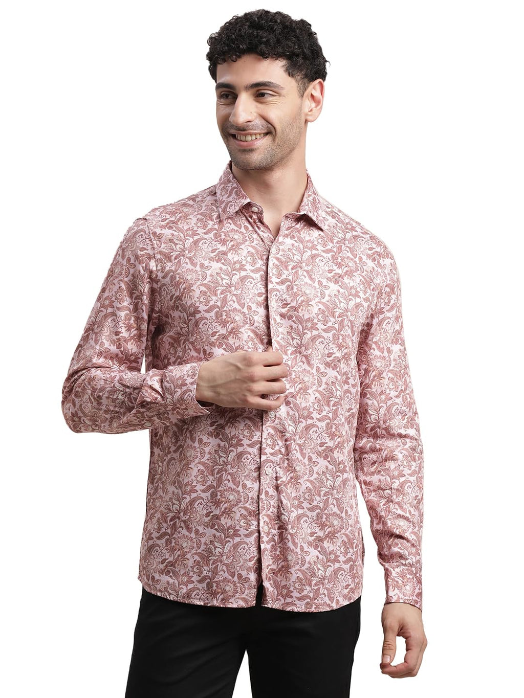 Turtle Men Cotton Tencel Slim Fit Light Mauve Printed Party Shirt