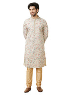 Manyavar Mens Cotton Printed Full Sleeves Knee Length Kurta Set (Beige, XL)