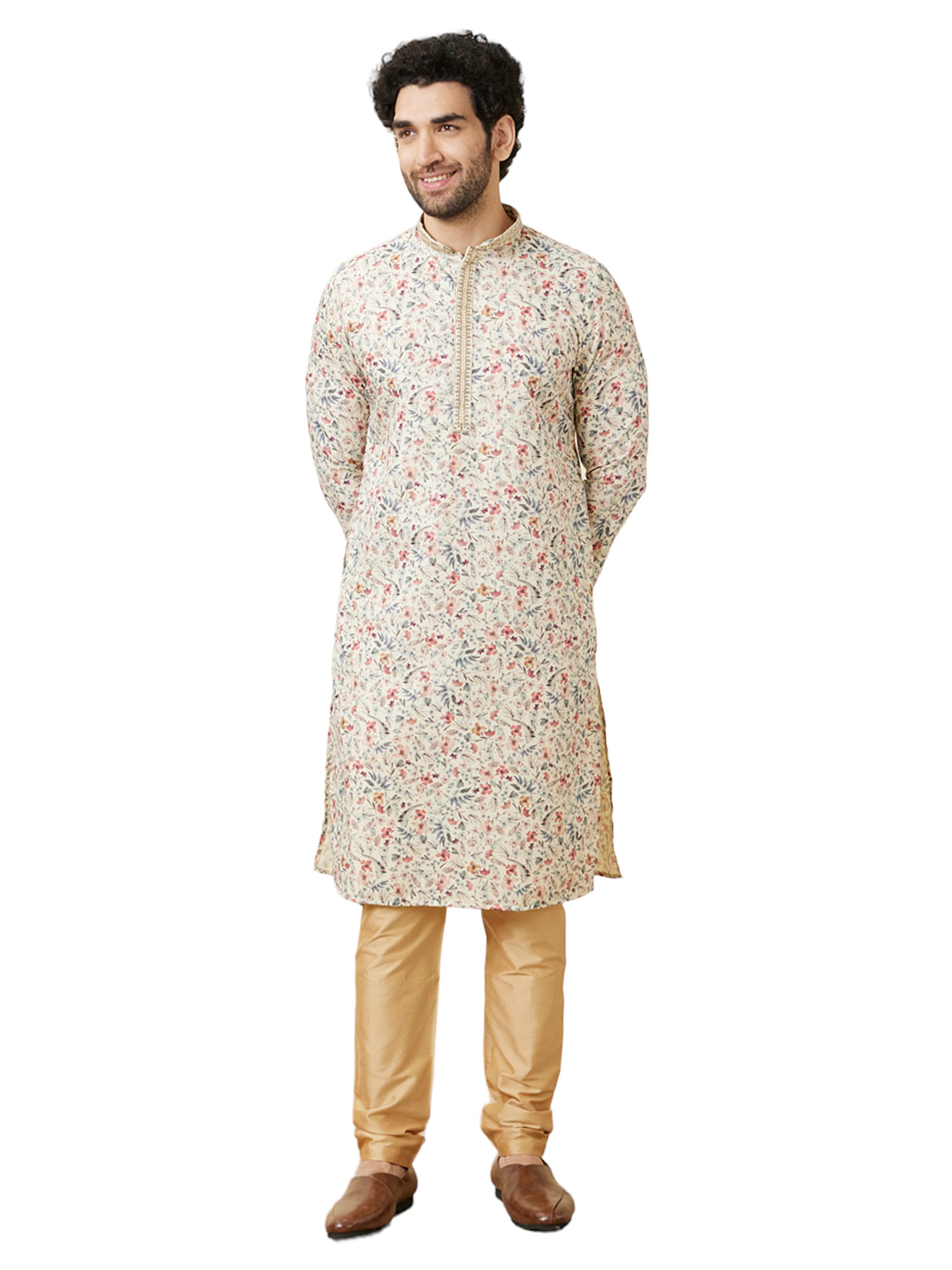 Manyavar Mens Cotton Printed Full Sleeves Knee Length Kurta Set (Beige, XL)