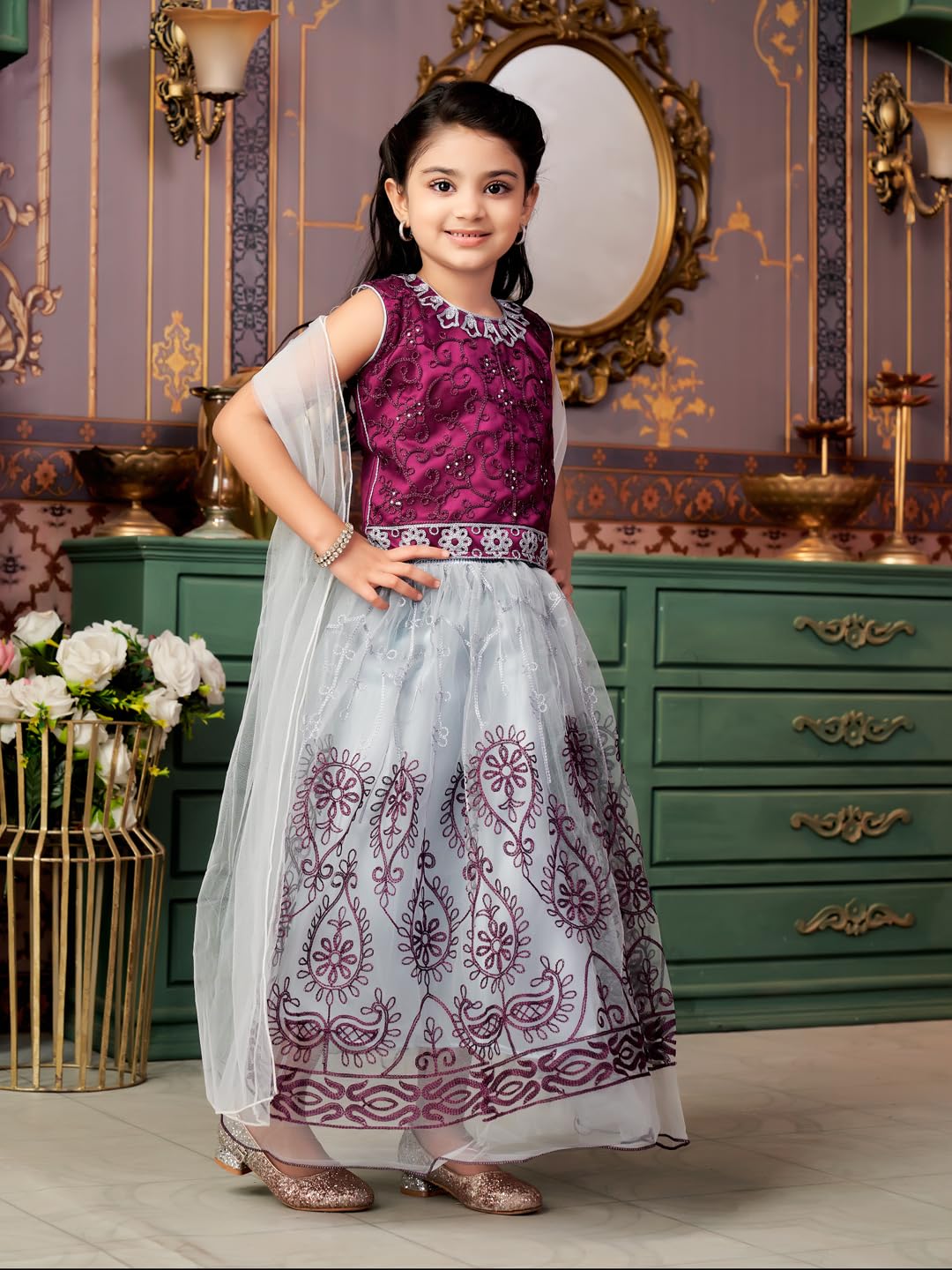 Aarika Girls Ethnic Wear Purple-Grey Colour Thread Embroidery Net Lehenga Choli Set With Dupatta-3-9 Years (Lch-Shm-1527)