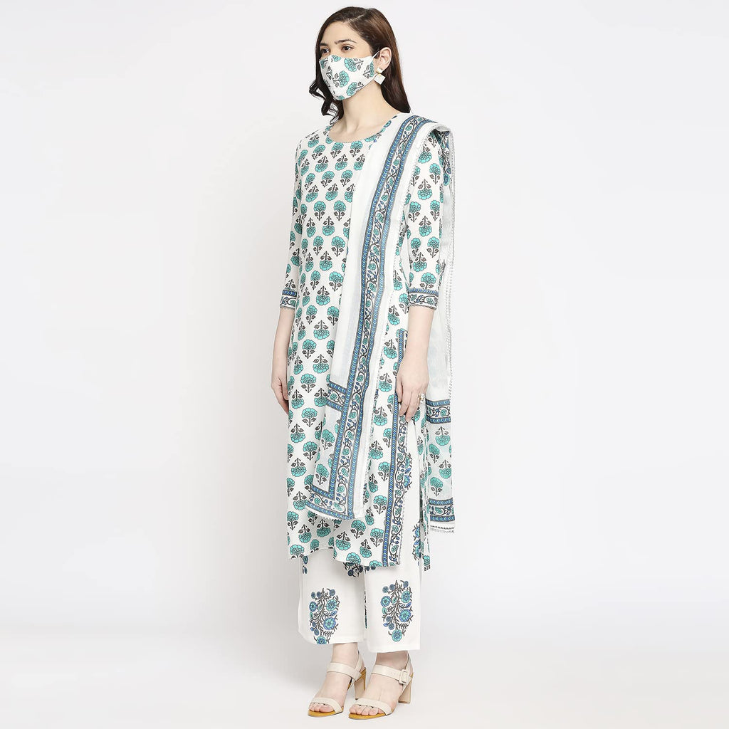 ANNI DESIGNER Womens Cotton Straight Kurta with Palazzo & Dupatta (Jaipuri SEA Green_GSK_S_Sea Green_Small)
