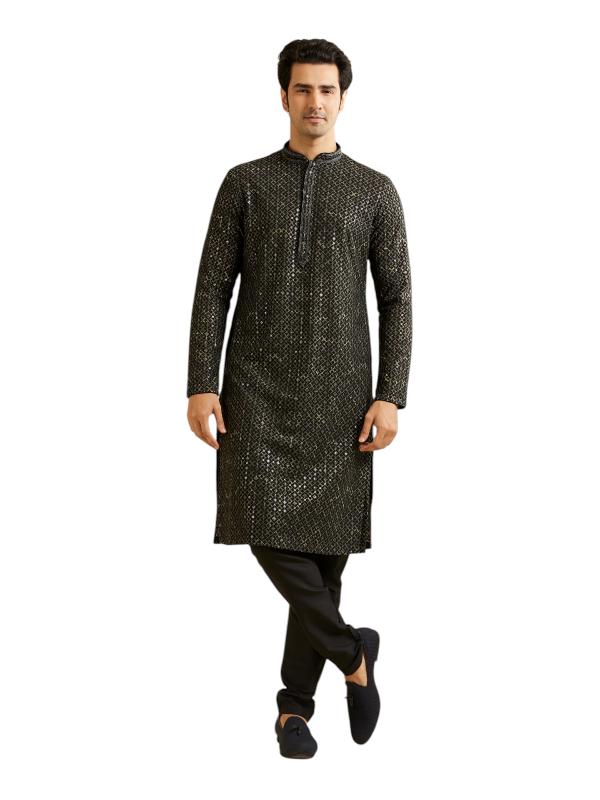 Manyavar MenS Viscose Chikankari Grid Print Kurta Set (Dark Green,S)