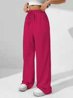Sugathari Womens Hot Pink Loose Wide-Leg Pants with Textured Wrinkled Fabric and Drawstring Waist Long Trousers (Trouser 157 Ho