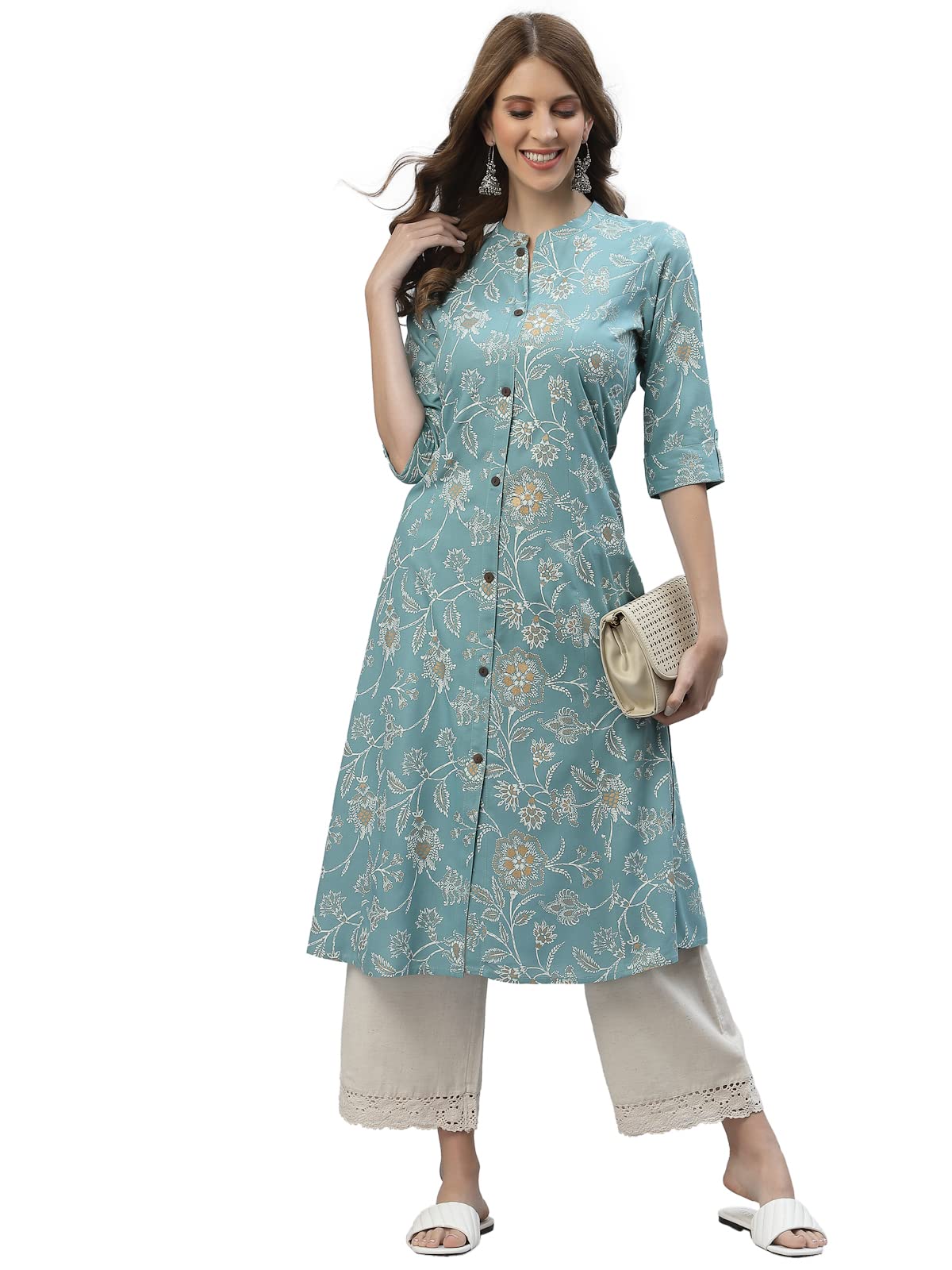 Stylum Womens Floral Print Rayon A-Line Kurta (FIONAAQUA44_Aqua, XXL)
