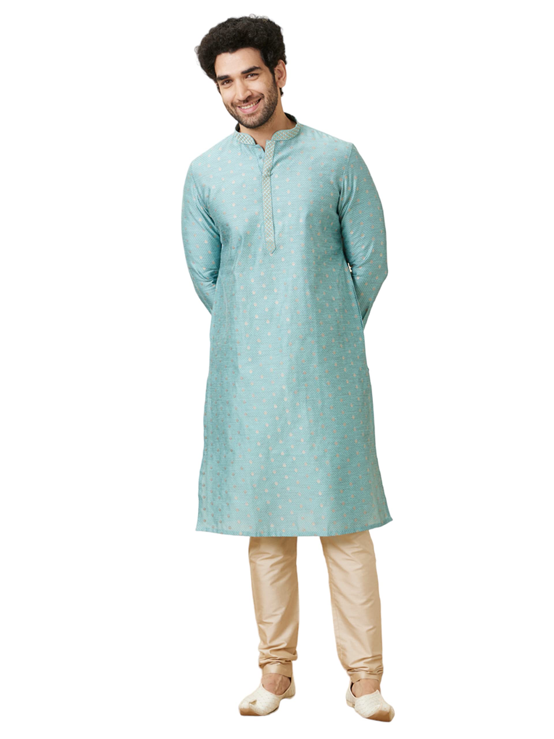 Manyavar MenS Blended Cotton Self Design Full Sleeves Knee Length Kurta Set (Green, Xl)