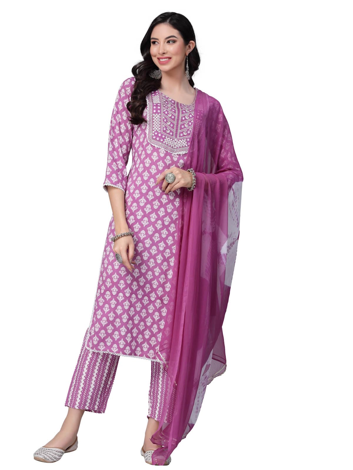 Stylum Women'S Floral Printed Rayon Straight Kurta Pant Dupatta Set (Kpdvoilseal38_Voilet, M)