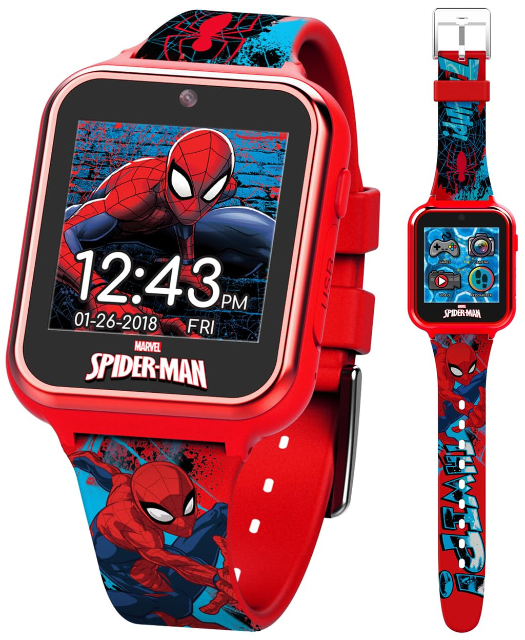 Accutime Marvel Spider-Man Red Educational Touchscreen Smart Watch Toy for Boys, Girls, Toddlers - Selfie Cam, Learning Games, A