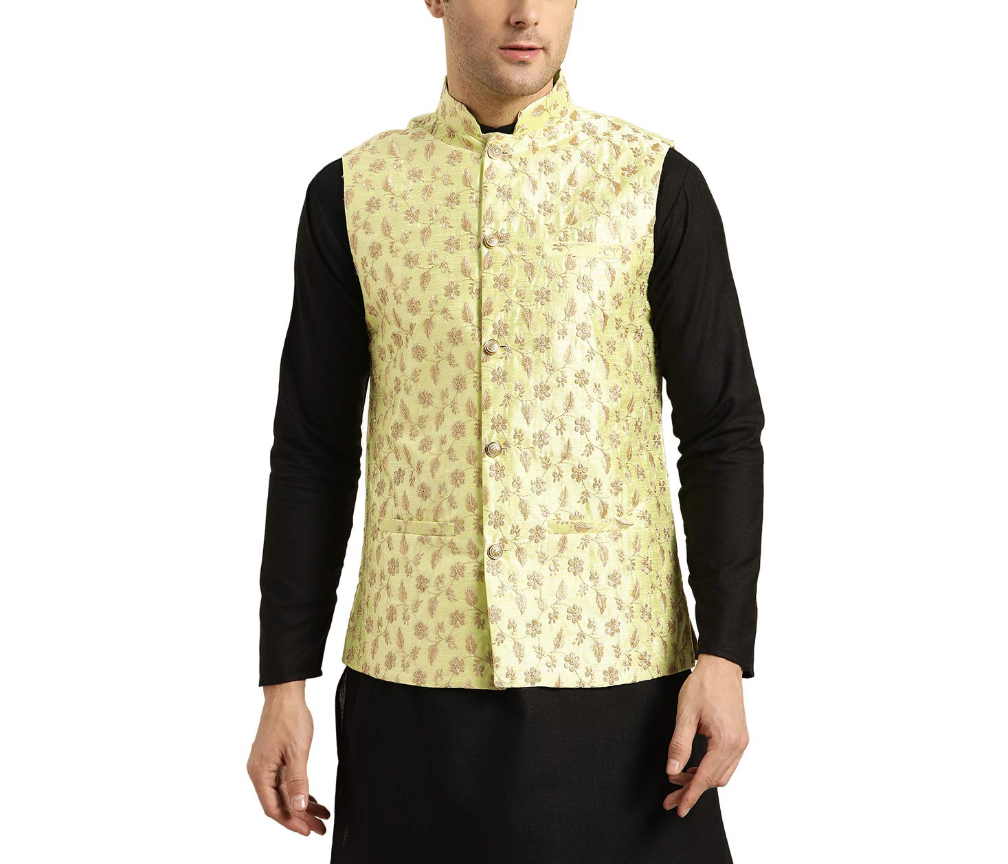Sojanya (Since 1958, Mens Silk Blend, Lime Green & Gold Embroidered Nehru Jacket, Size: 44