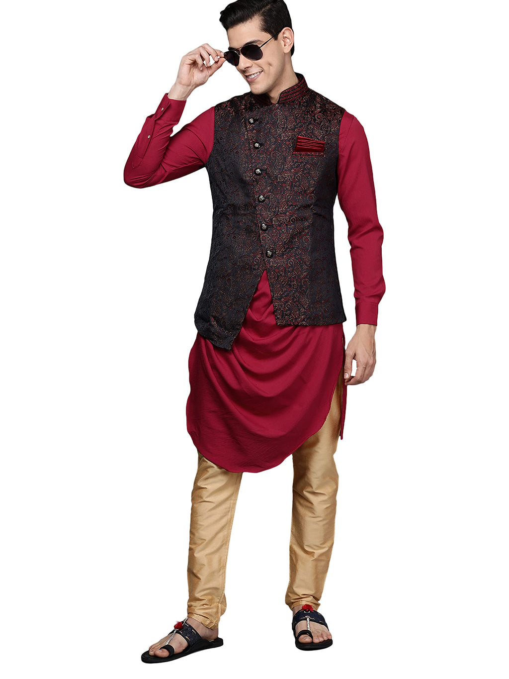 Manyavar Kurta Jacket Set for Men, Full Sleeves Mandarin Collar Ethnic Kurta Jacket Set for Festival, Wedding, Party Spandex (Re