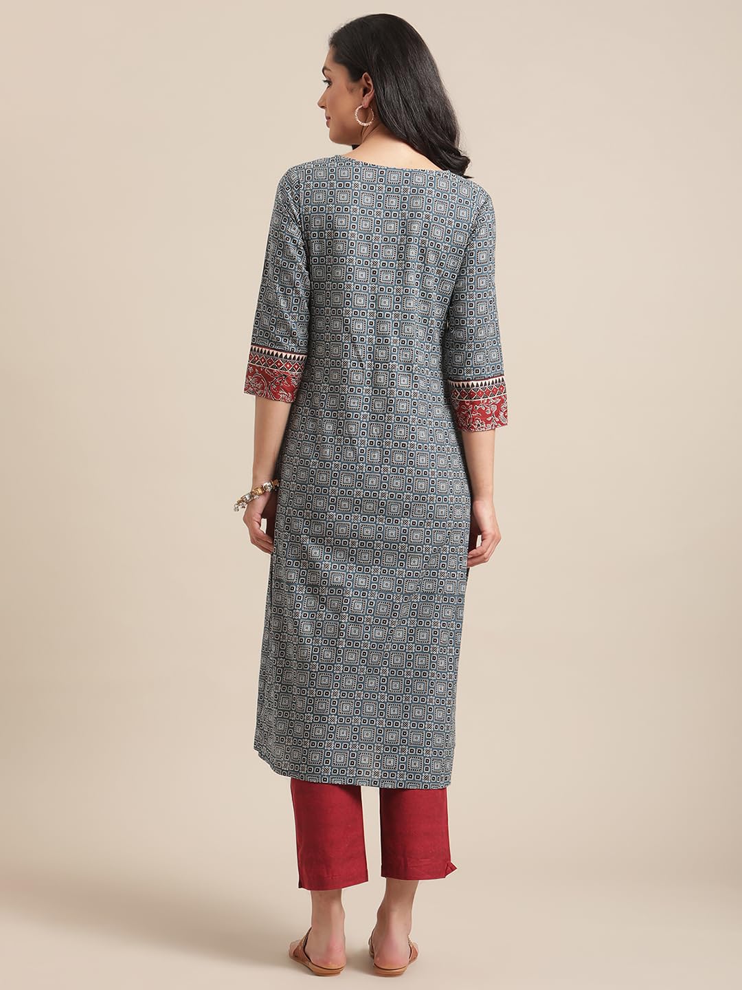 Varanga Women Blue & Maroon Printed Round Neck Straight Kurta With Contrast Yoke & 3/4Th Sleeves (Small)