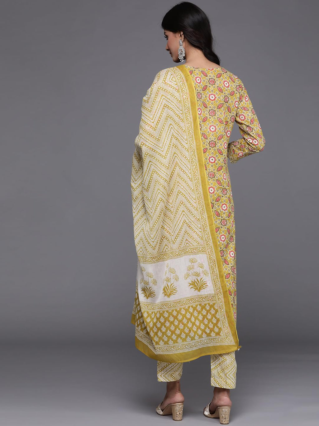 Varanga Women Lime Green Colored Printed Embroidered Kurta With Straight Pant And Dupatta