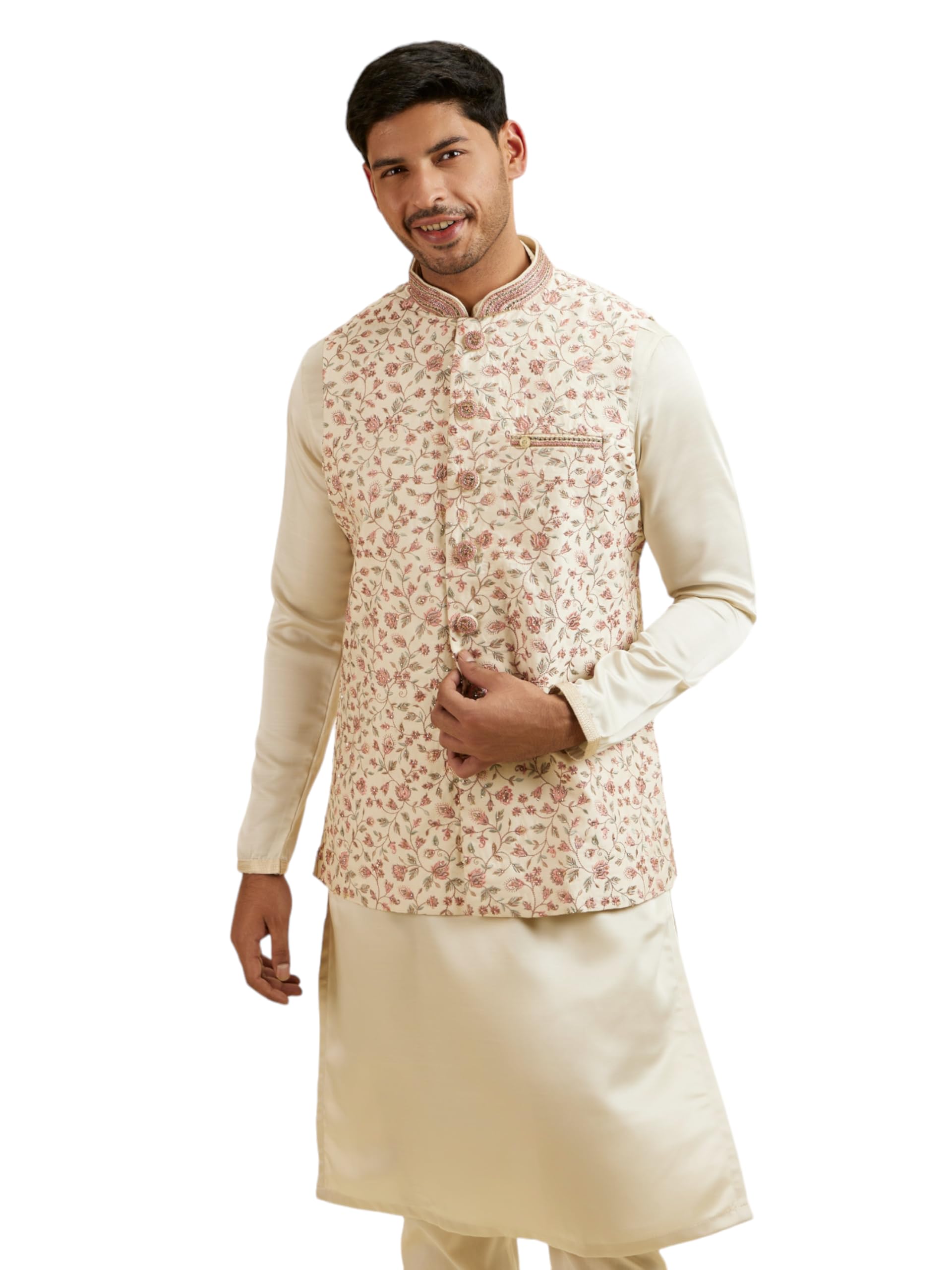 Manyavar Mens Jacket, Nehru Jacket For Men, Ethnic Jacket For Festival, Wedding, Party Sleevless Jacket Printed Blended Viscose 