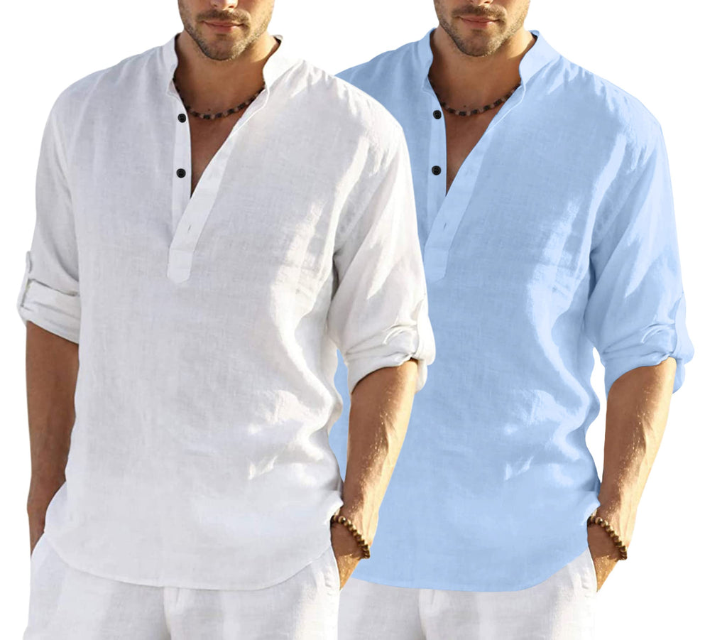 Bellstone MenS Cotton Blend Solid Regular Dress Shirt (Kurta800Combo_White_Skyblue_Xl Sky Blue