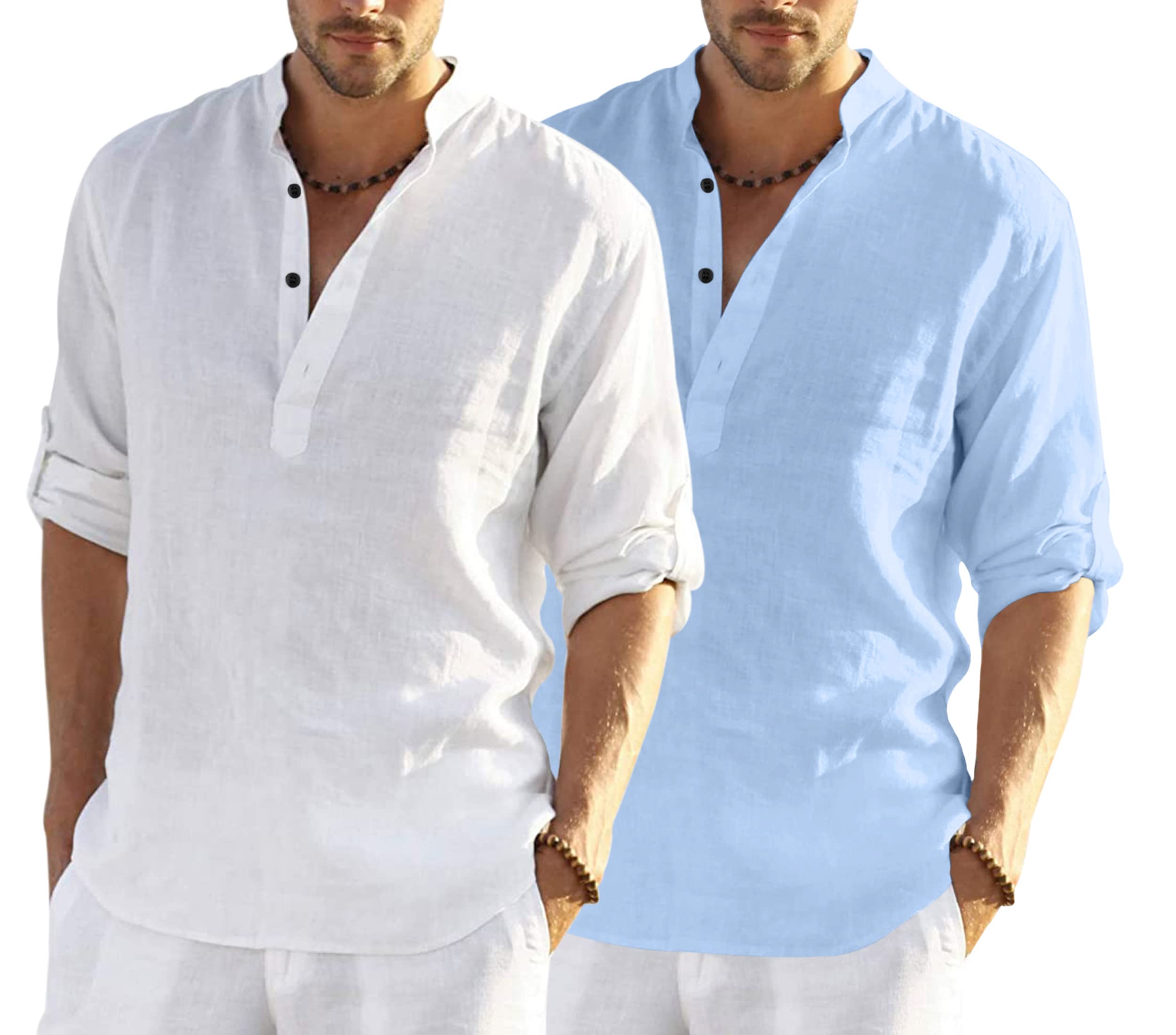 Bellstone MenS Cotton Blend Solid Regular Dress Shirt (Kurta800Combo_White_Skyblue_Xl Sky Blue
